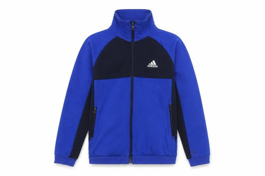 Front view of Adidas boys’ blue track jacket 11-12 years with full zip