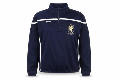 Front view of O'Neill unisex blue 1/4 zip rugby sweatshirt, size 12