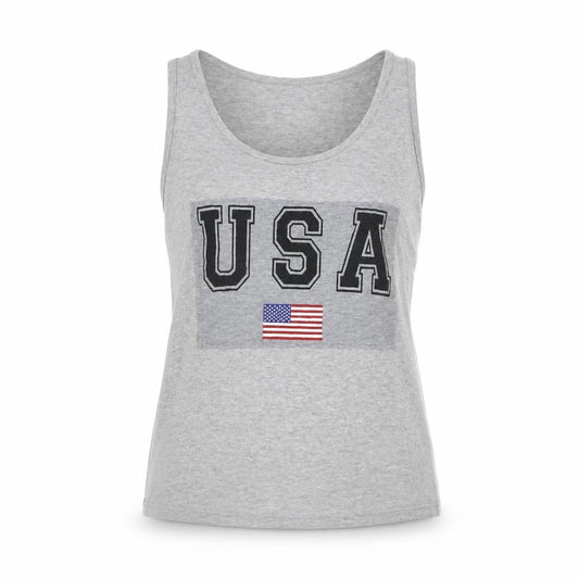 Front view of Jaeger Women's Medium Grey Cotton Tank Top, USA Theme