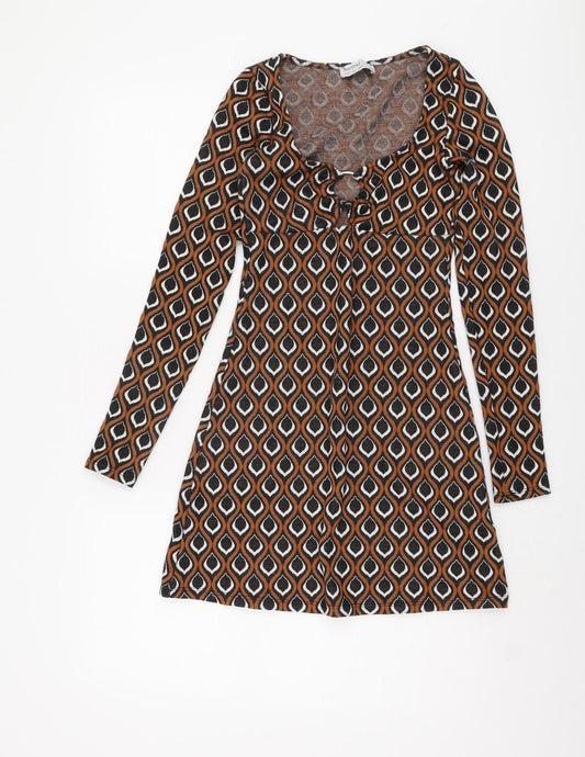 Bershka Women's Brown Geometric A-Line Dress S