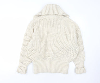 Zara Women's Ivory Full Zip Collared Jumper L
