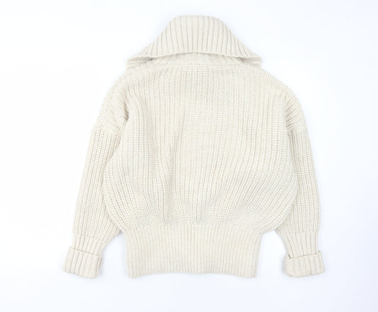 Zara Women's Ivory Full Zip Collared Jumper L