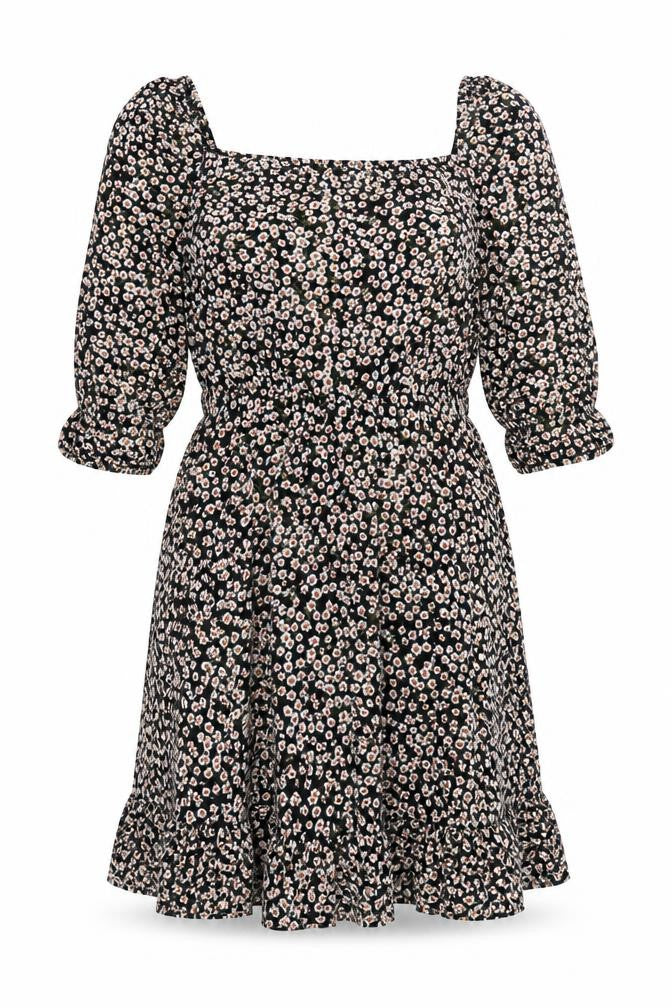 VILA Women's Black Floral A-Line Dress Size 14 Puff Sleeve