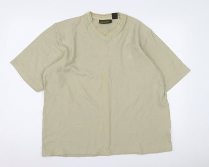 Timberland Men's Beige V-Neck T-Shirt, Large, Cotton, Logo