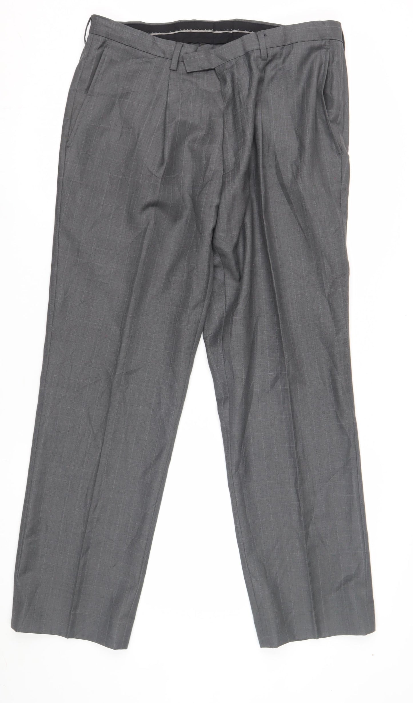 Next Men's Grey Dress Pants 34S Pleated Check Formal