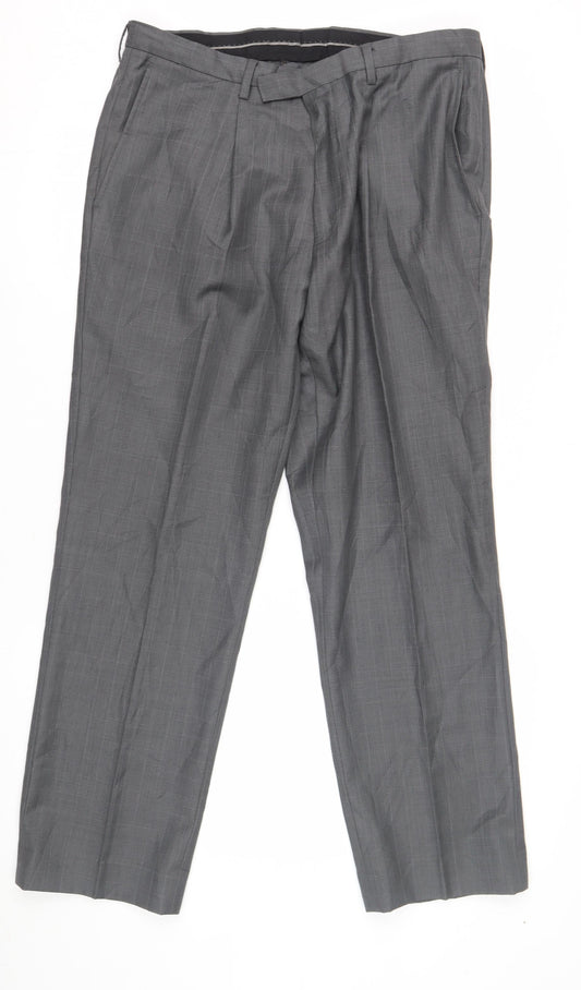 Next Men's Grey Dress Pants 34S Pleated Check Formal