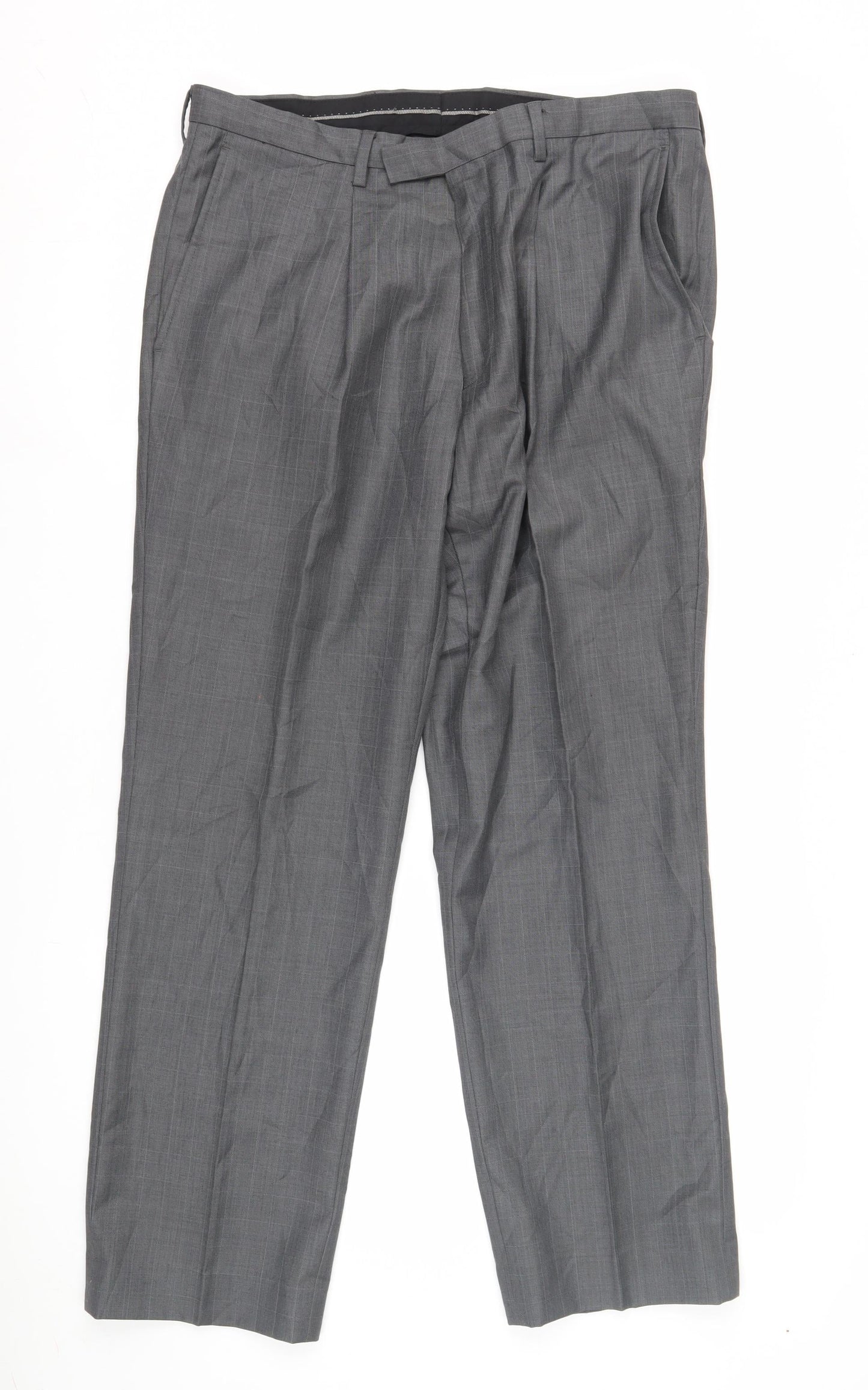 Next Men's Grey Dress Pants 34S Pleated Check Formal