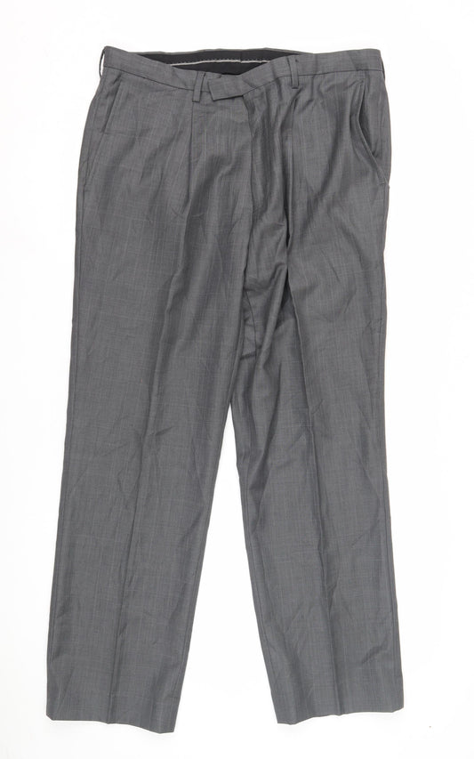 Next Men's Grey Dress Pants 34S Pleated Check Formal