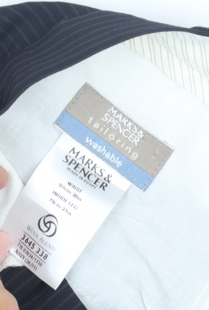 Marks and Spencer Men's Blue Striped Dress Pants