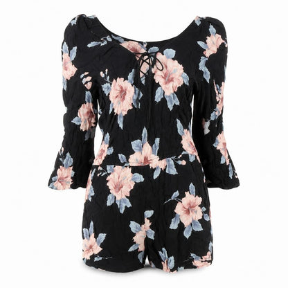Front view of O'Neill Women's Black Floral Playsuit, M, Viscose 3/4 Sleeve