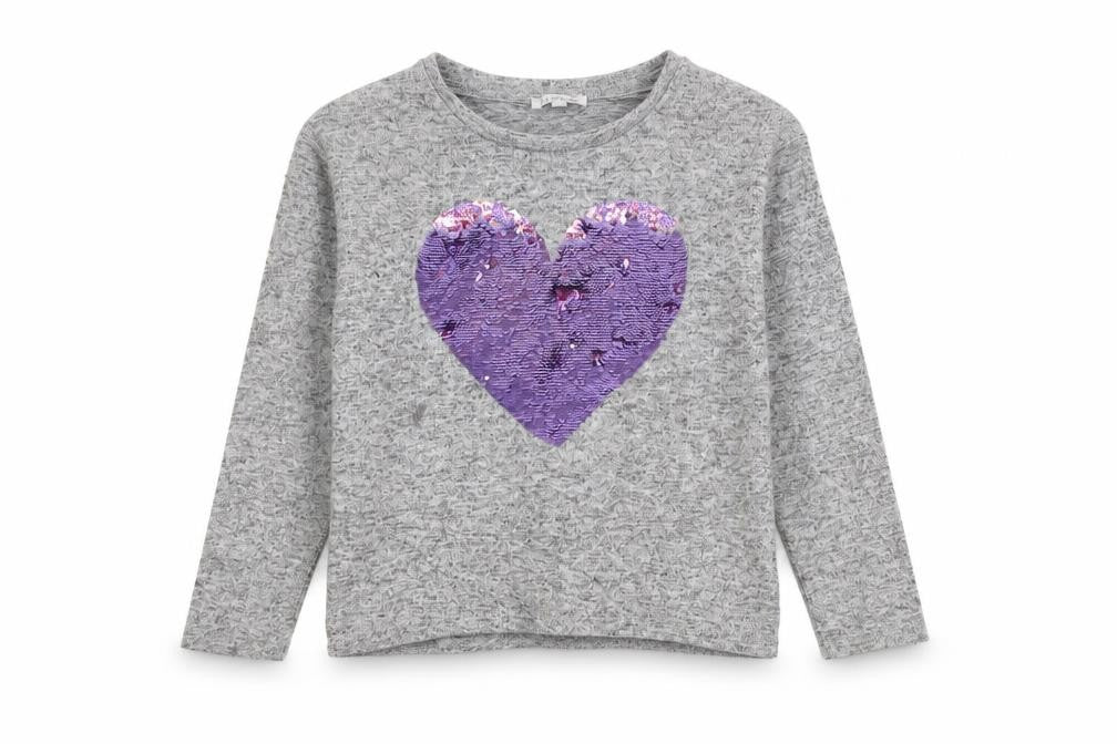 Front view of Bluezoo girls’ grey jumper 8-9 sequin heart accent