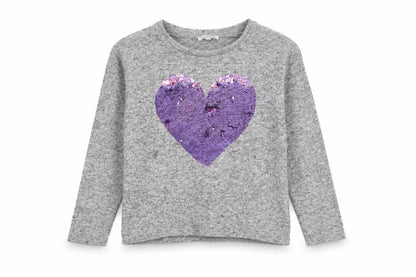 Front view of Bluezoo girls’ grey jumper 8-9 sequin heart accent