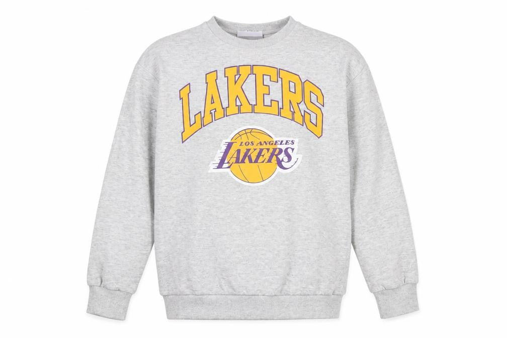 Front view of NBA boys’ grey pullover sweatshirt, 11 years, logo graphic print