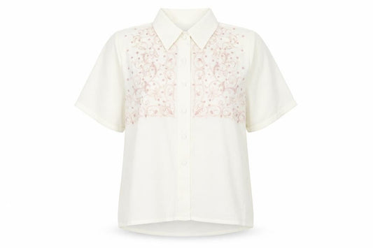 Front view of Jordan women’s ivory button-up embroidered shirt, size UK 8