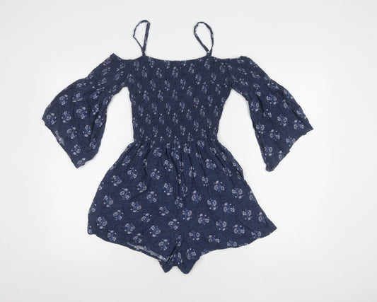 Hollister Women's Blue Floral Playsuit, Size S, Off the Shoulder