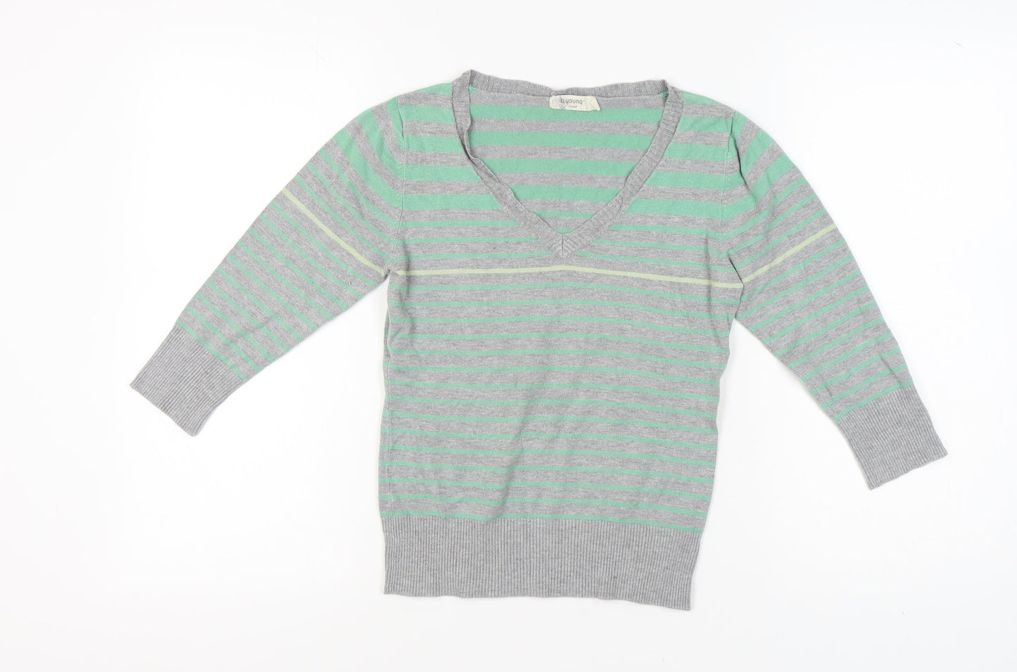 b.young Women's Striped Grey Green V-Neck Jumper Size M