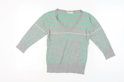 b.young Women's Striped Grey Green V-Neck Jumper Size M
