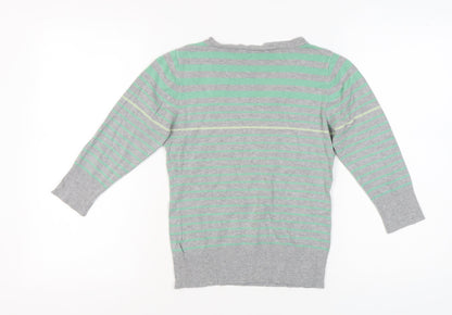 b.young Women's Striped Grey Green V-Neck Jumper Size M