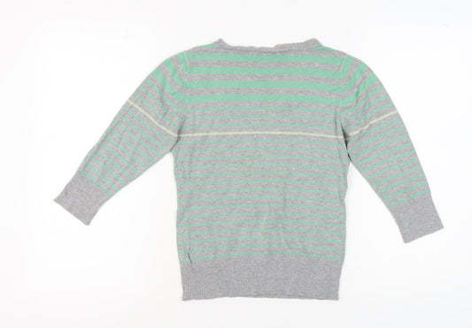 b.young Women's Striped Grey Green V-Neck Jumper Size M