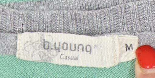 b.young Women's Striped Grey Green V-Neck Jumper Size M