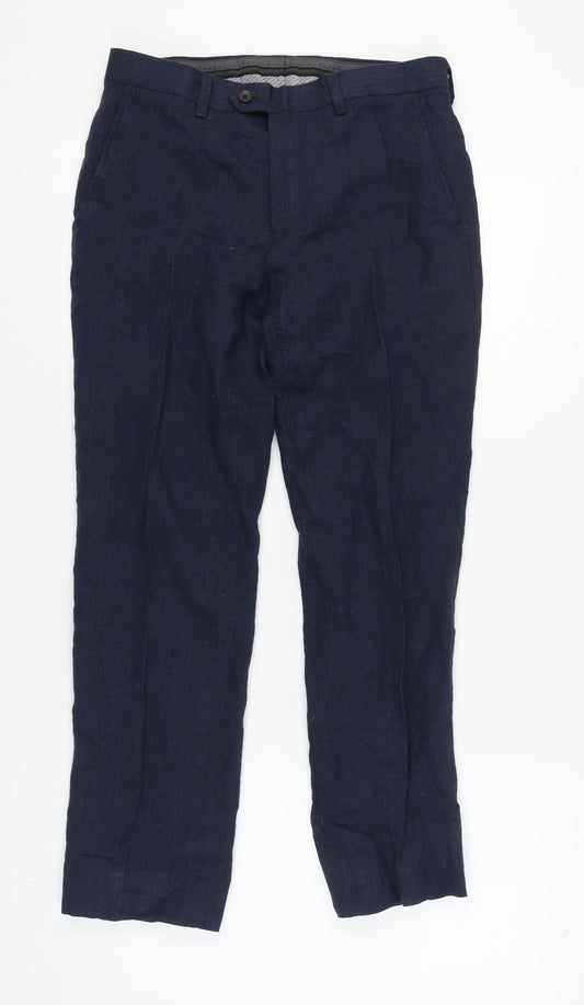 Next Men's Blue Linen Trousers, Size 30, Straight Fit
