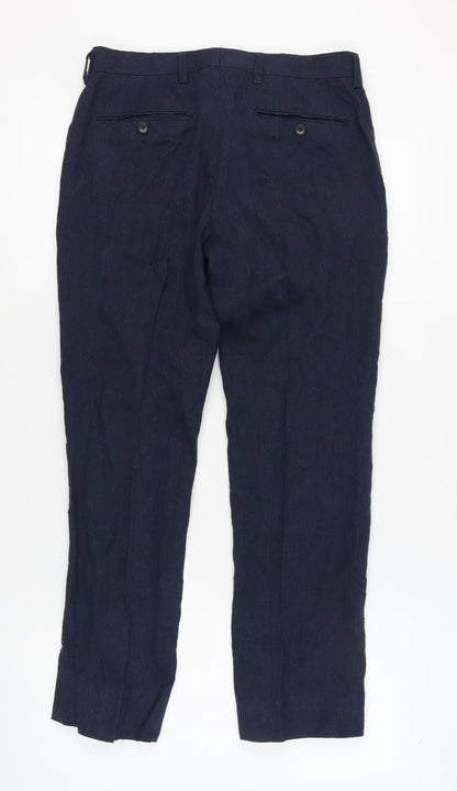 Next Men's Blue Linen Trousers, Size 30, Straight Fit