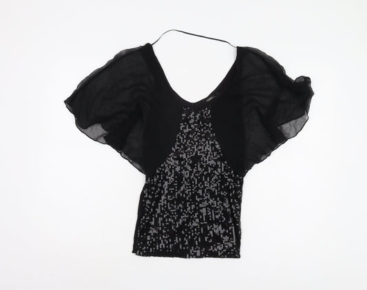 Guess Women's Black Sequin Blouse XS V-Neck Flutter
