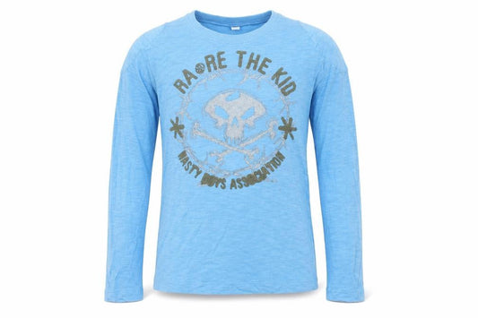 Front view of Ra-Re unisex blue crew neck skull t-shirt, size 10