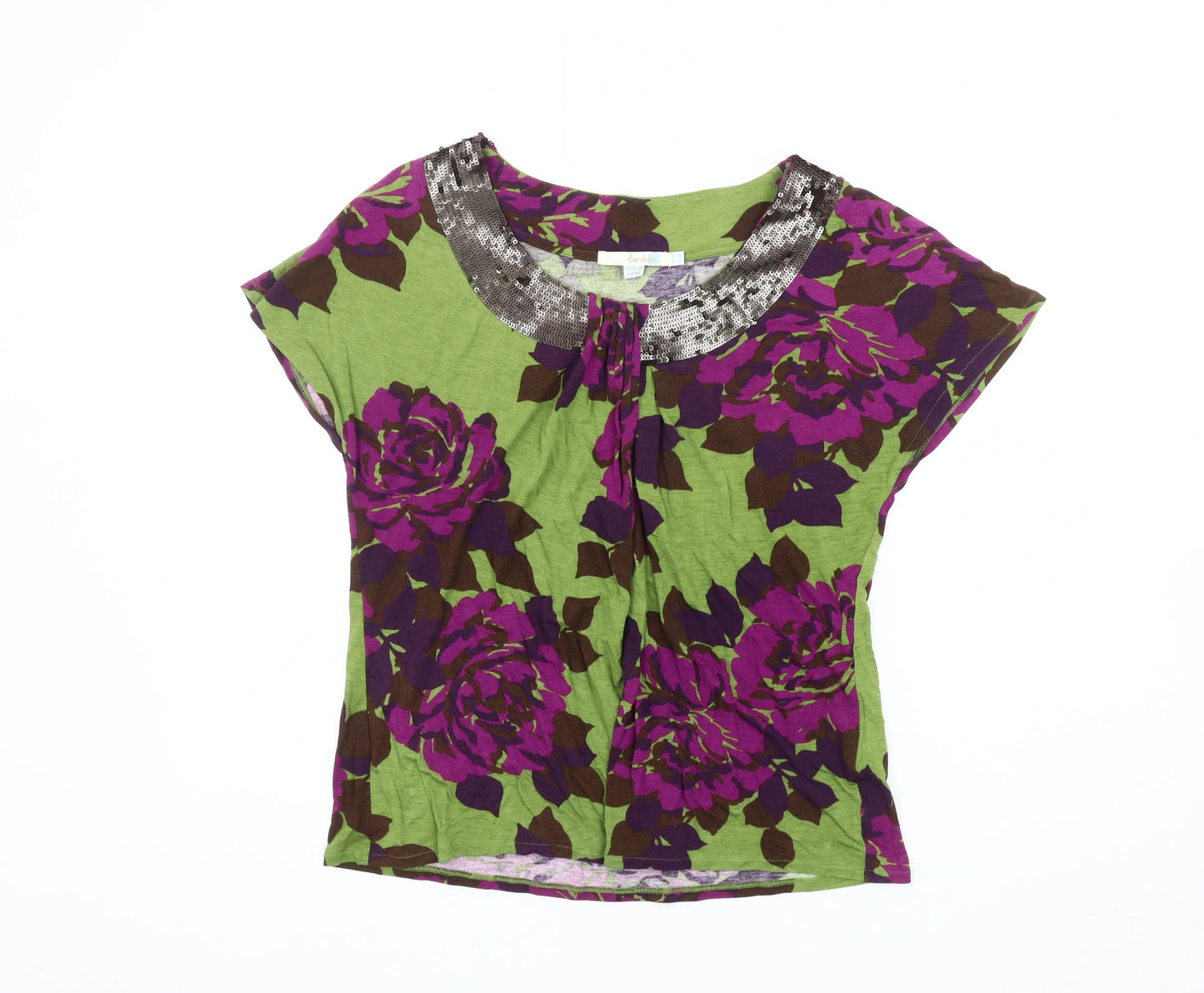 Boden Women's Green Floral Sequin T-Shirt Size 14