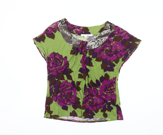 Boden Women's Green Floral Sequin T-Shirt Size 14