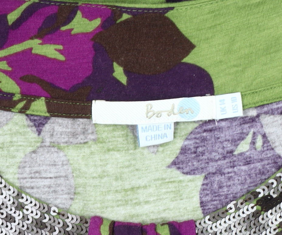 Boden Women's Green Floral Sequin T-Shirt Size 14