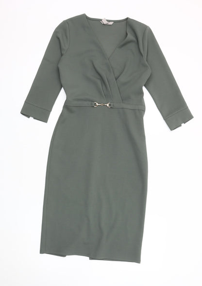 H&M Women's Green Sheath Dress XS - Knee Length V-Neck