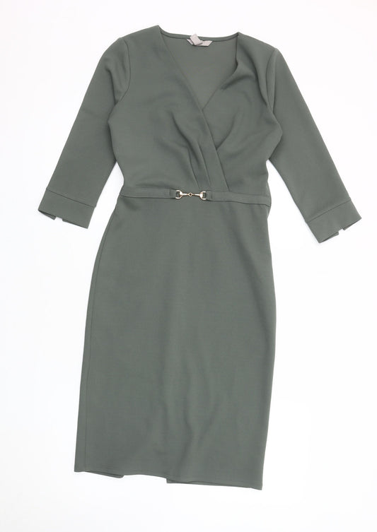 H&M Women's Green Sheath Dress XS - Knee Length V-Neck