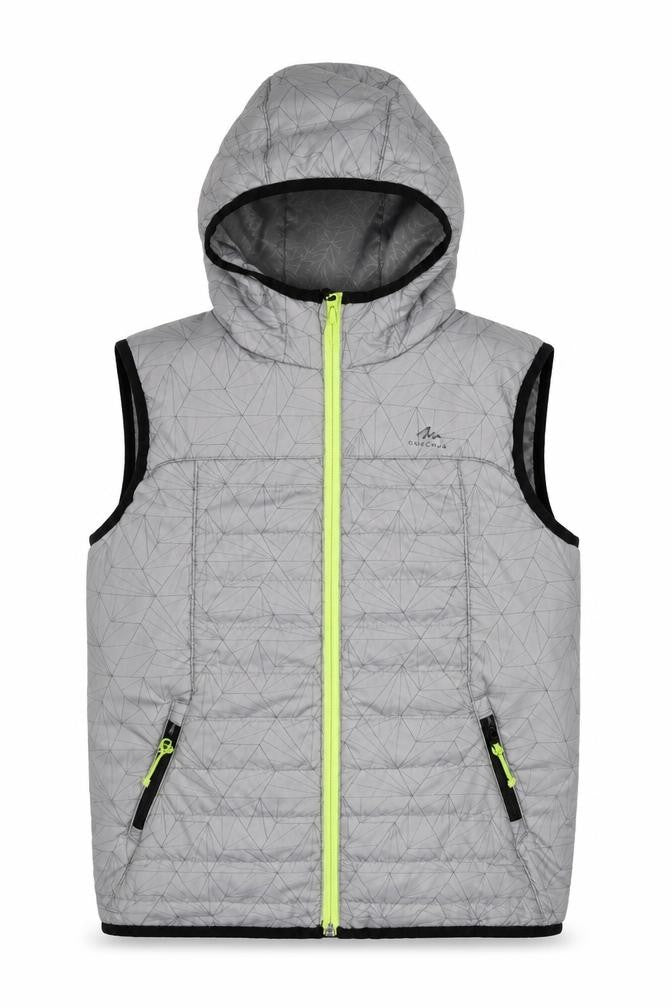 Front view of Quechua boys’ grey puffer jacket 10-11 years lightweight hooded
