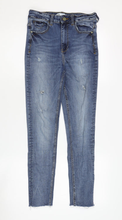Zara Women's Blue Skinny Jeans - Size 10, Distressed