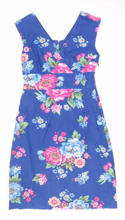 Women's Blue Floral Dress Size 8 Cotton Button Detail