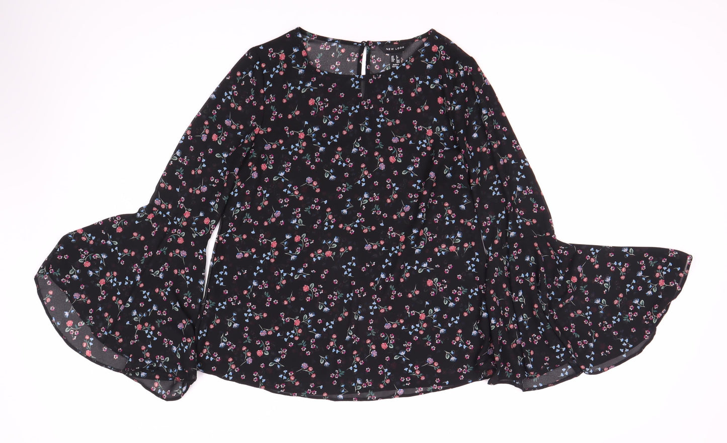New Look Women's Black Floral Bell Sleeve Blouse Size 2