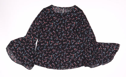 New Look Women's Black Floral Bell Sleeve Blouse Size 2