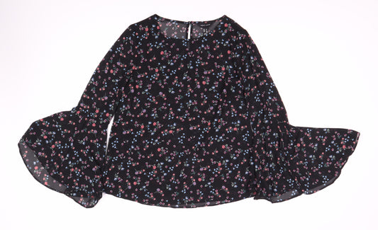 New Look Women's Black Floral Bell Sleeve Blouse Size 2