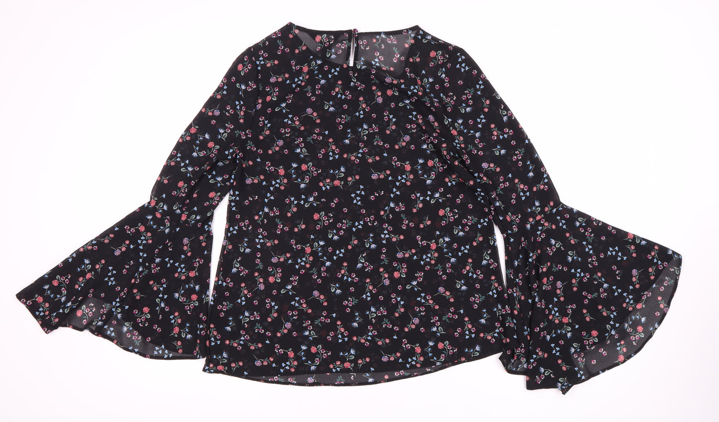 New Look Women's Black Floral Bell Sleeve Blouse Size 2