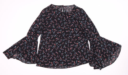 New Look Women's Black Floral Bell Sleeve Blouse Size 2