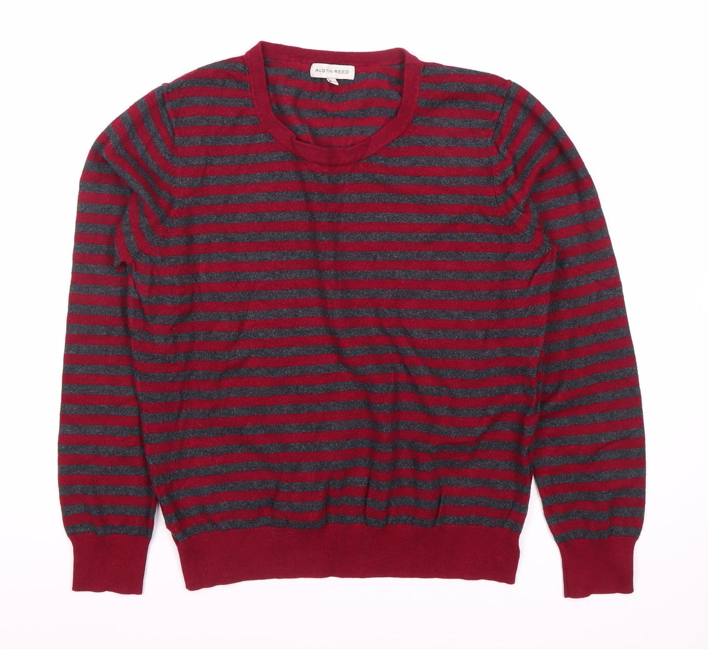 Austin Reed Unisex Red Grey Striped Crew Neck Top L