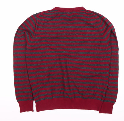 Austin Reed Unisex Red Grey Striped Crew Neck Top L