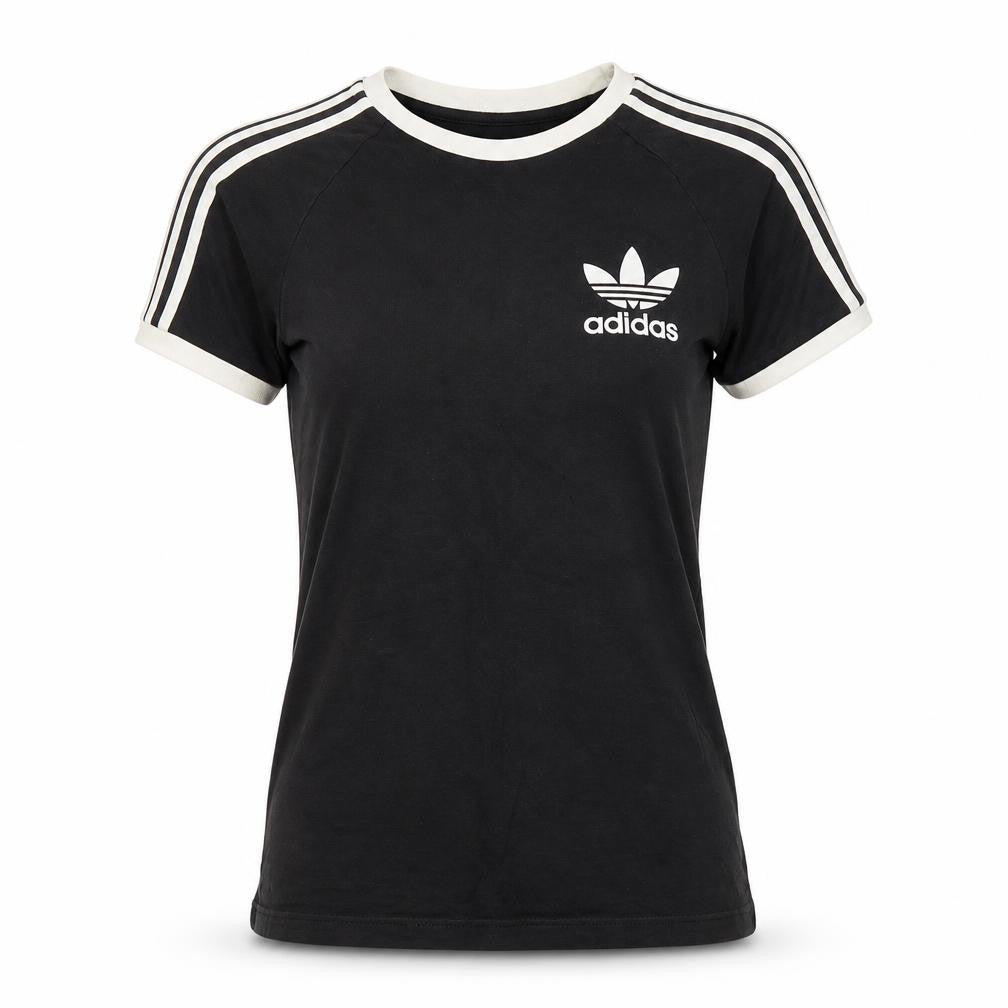 Front view of Adidas unisex black ringer t-shirt, size S, stylish and casual