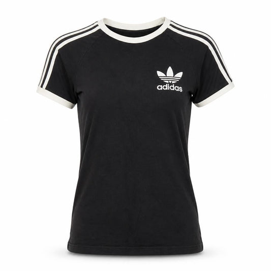 Front view of Adidas unisex black ringer t-shirt, size S, stylish and casual