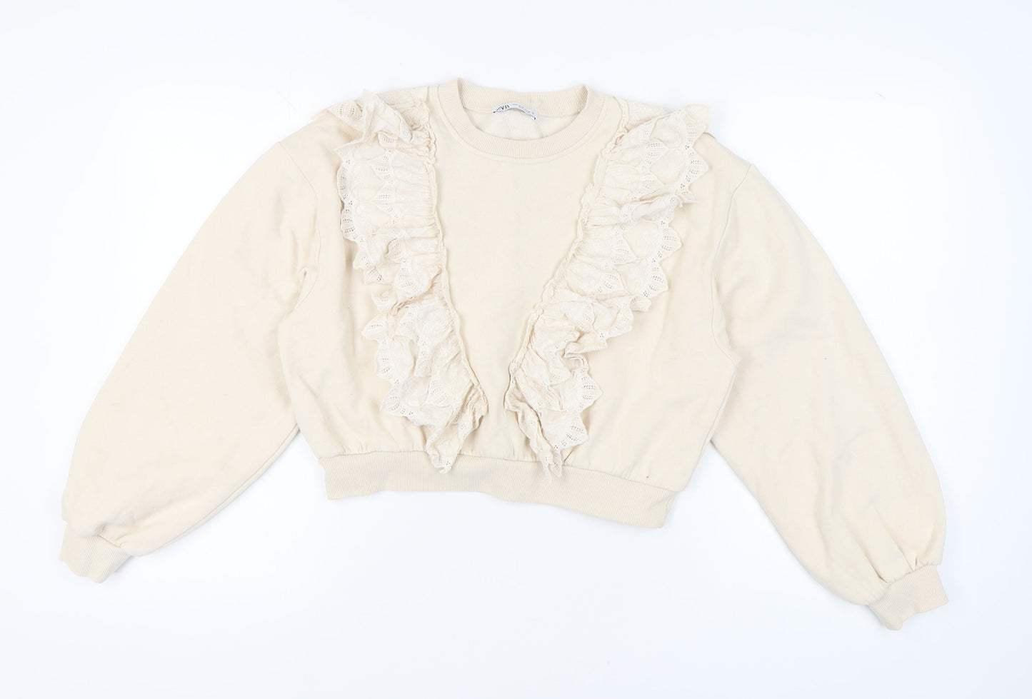 Zara Women's Beige Ruffle Pullover Sweatshirt Size 12