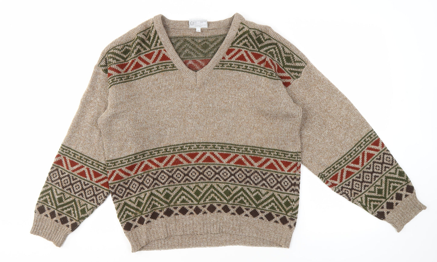 Greenwoods Men's Beige Geometric Pullover M V-Neck Jumper