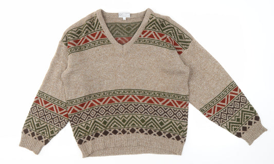 Greenwoods Men's Beige Geometric Pullover M V-Neck Jumper