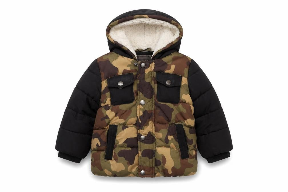 Front view of DKNY unisex baby camouflage puffer jacket 12m