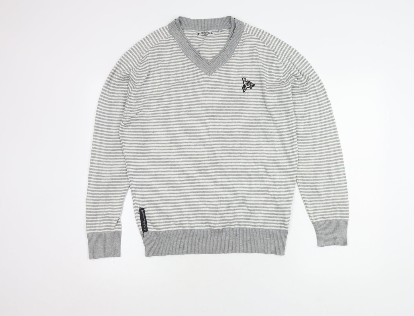 Henleys Men's Grey Striped V-Neck Pullover M